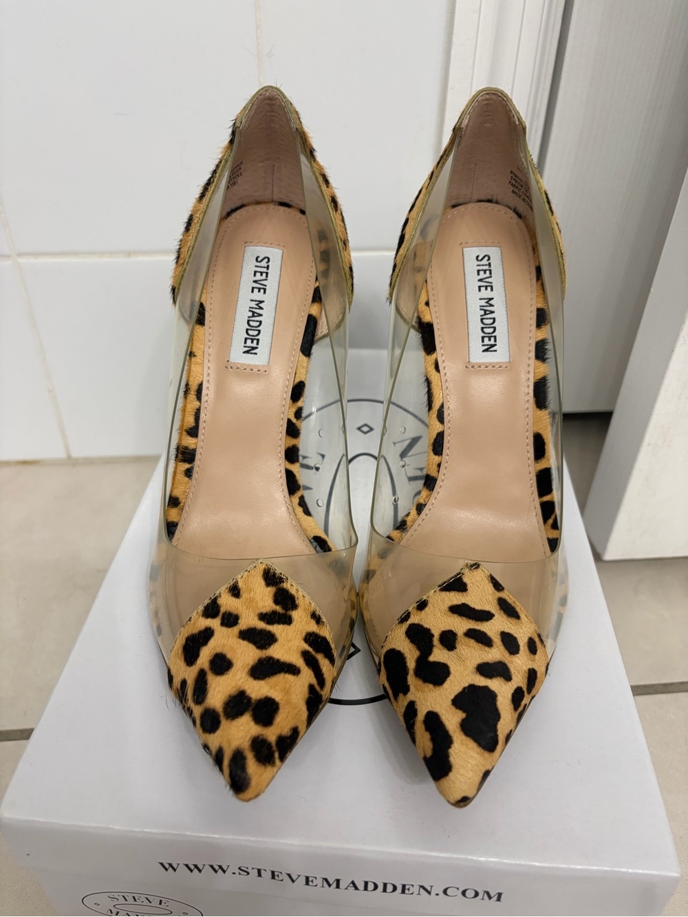 Steve Madden Leopard-Print Pointed Toe Clear Panel Pumps - Tan/Black